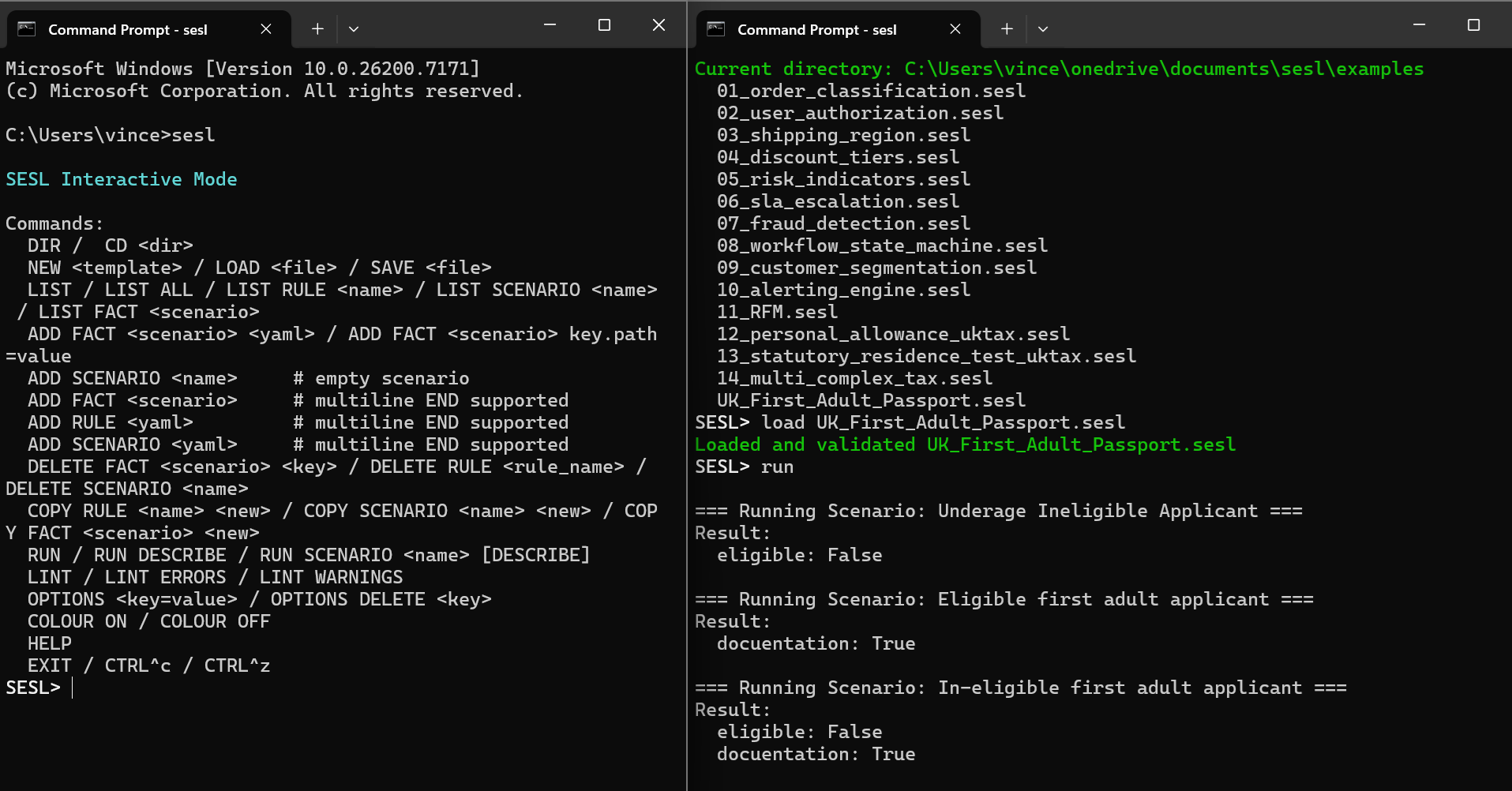 Screenshot of SESL running in a Windows command prompt